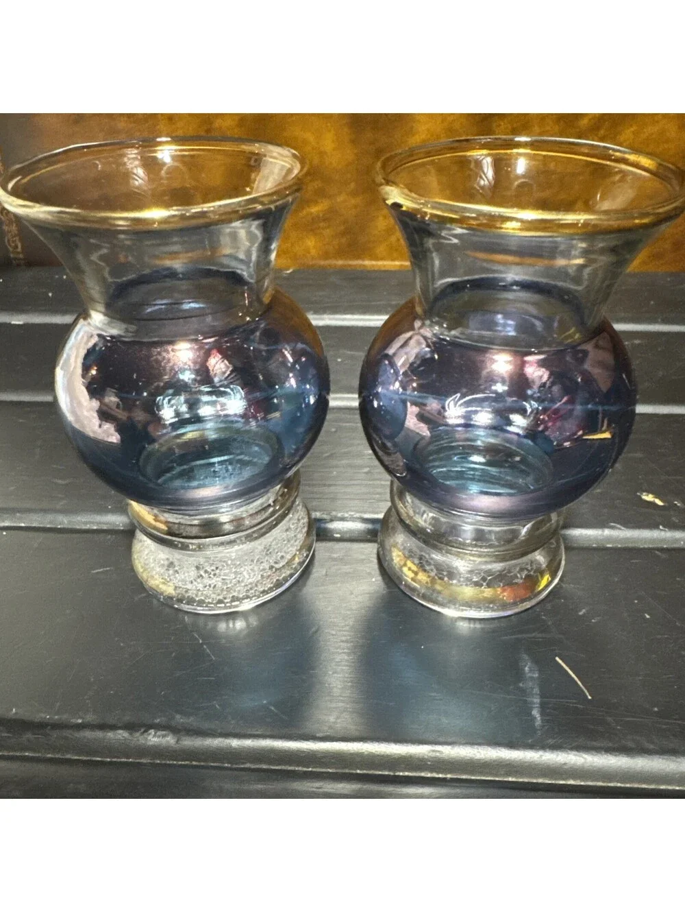 Bartlett-Collins Vintage 1950s Clear W/ Blue  Flashing, Gold Band Blown Vase